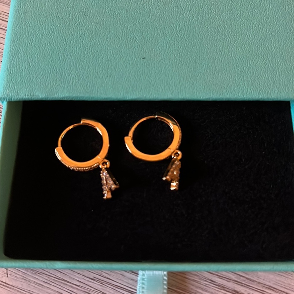 “A” dangle huggie earrings